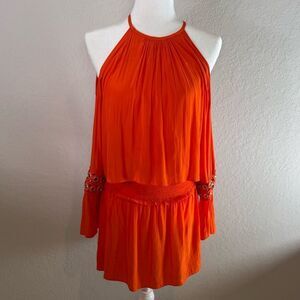 Ramy Brook Libby Orange Halter Smocked, Cold Shoulder Dress Size S/P